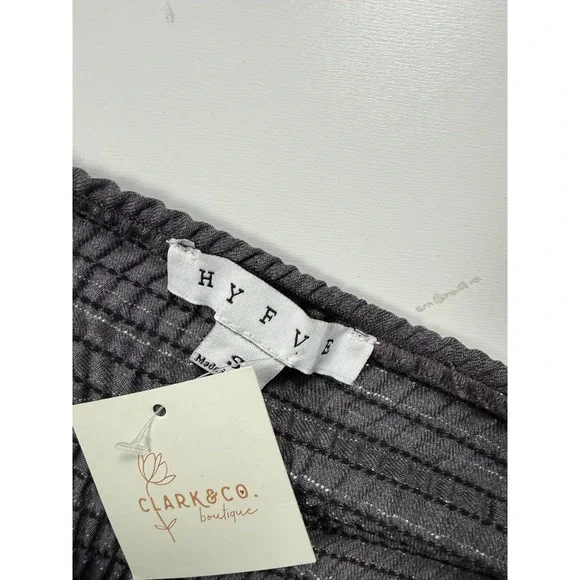 Hyfve Womens Charcoal Grey Pinstripe Ruffle Strap Smocked Back Crop Top Small - Picture 2 of 5